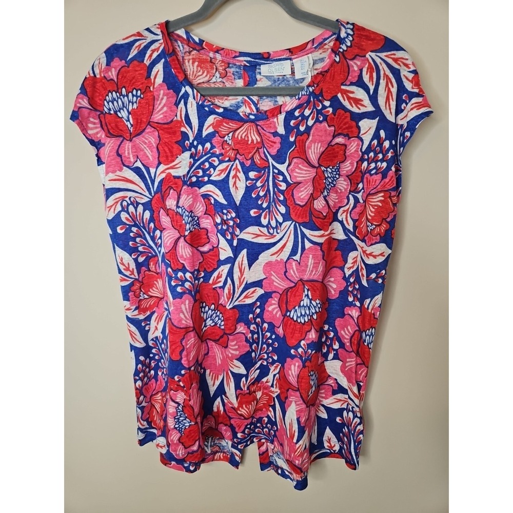 Sigrid Olsen Women Top L Pink Blue 100% Linen Floral Button Detail Coastal